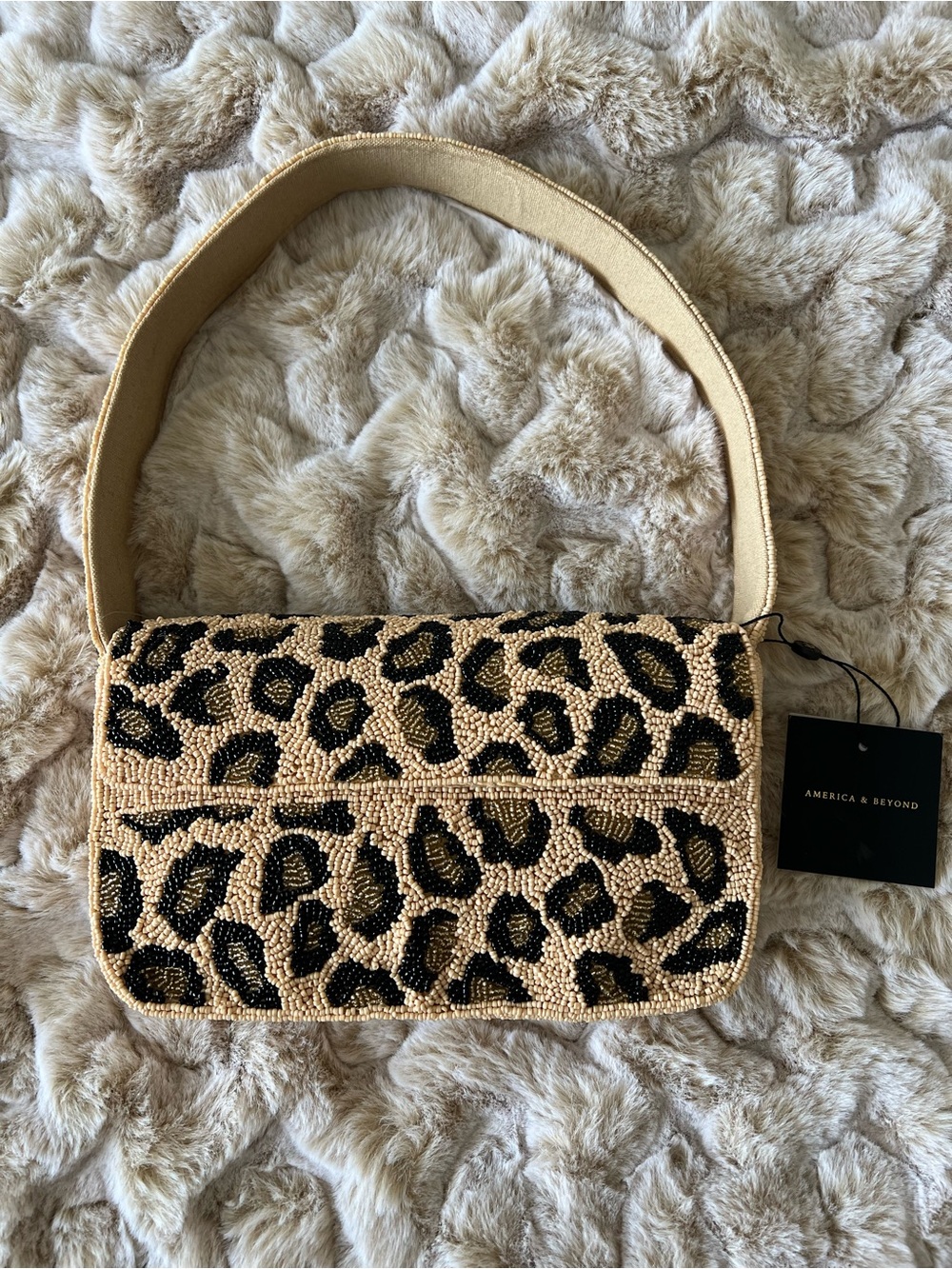 NEW America & Beyond Leopard Beaded Shoulder Bag in Beige and Black